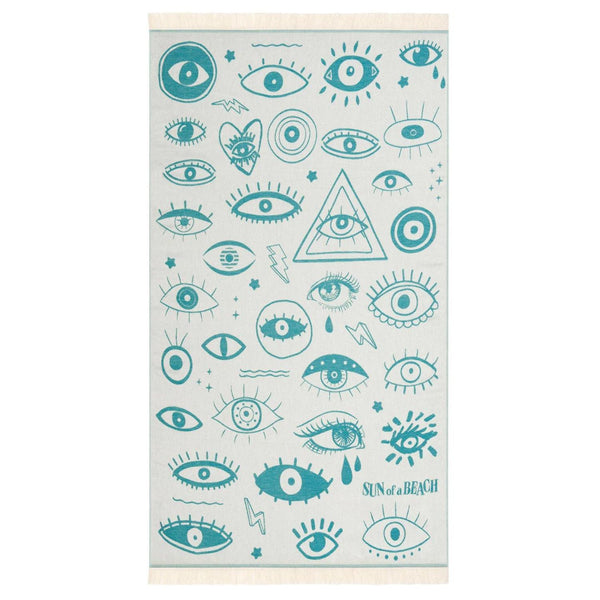 Electric eyes evil eye feather cotton beach towel turquoise
