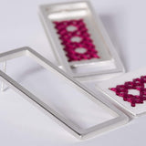 2way silver rectangular embroidered earrings in magenta by Charalampia - The Greek Art Company