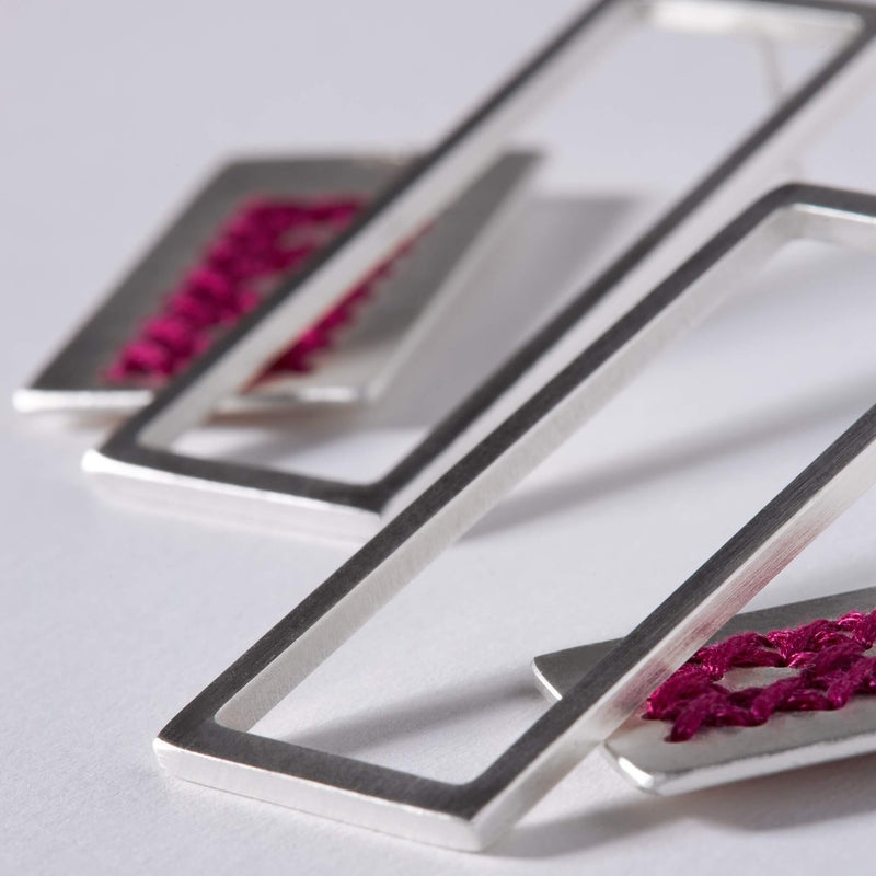 2way silver rectangular embroidered earrings in magenta by Charalampia - The Greek Art Company