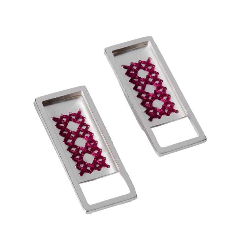 2way silver rectangular embroidered earrings in magenta by Charalampia - The Greek Art Company