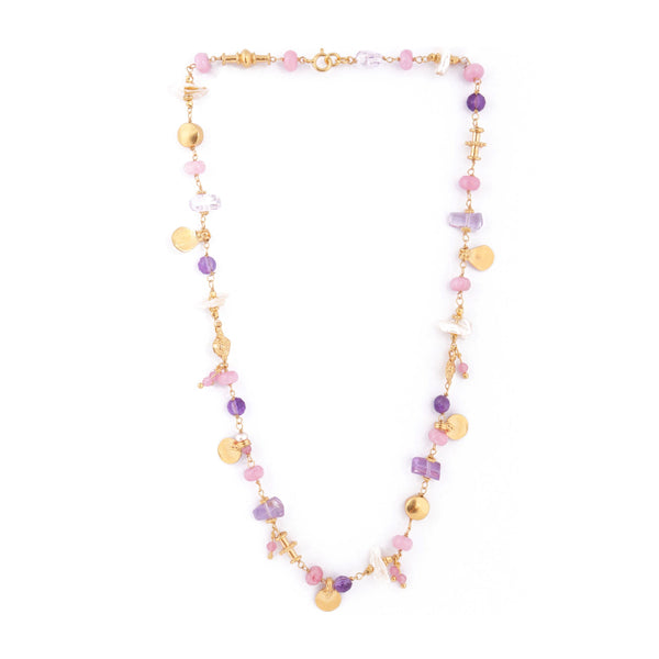Pink Twisted Necklace Short by Katerina Makriyianni with Agate, Amethyst, Pearl - The Greek Art Company
