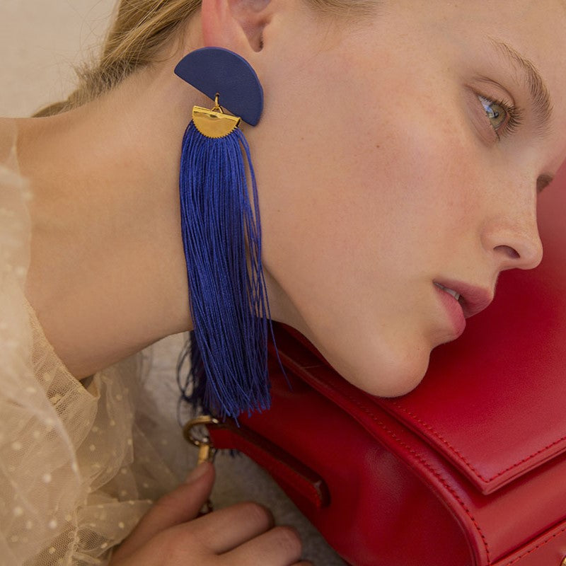 Blue leather and silk statement earrings by Berthelotti - The Greek Art Company