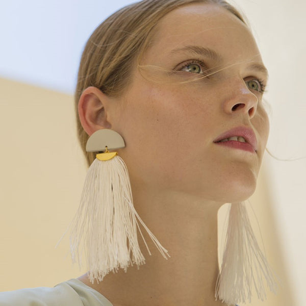 Kacey off white leather and silk earrings by Berthelotti - The Greek Art Company
