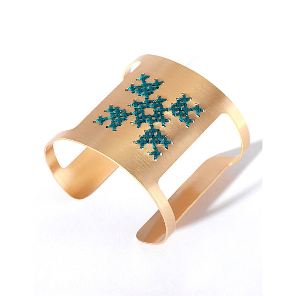 Lycoris embroidered cuff in teal turquoise color by Charalampia - The Greek Art Company