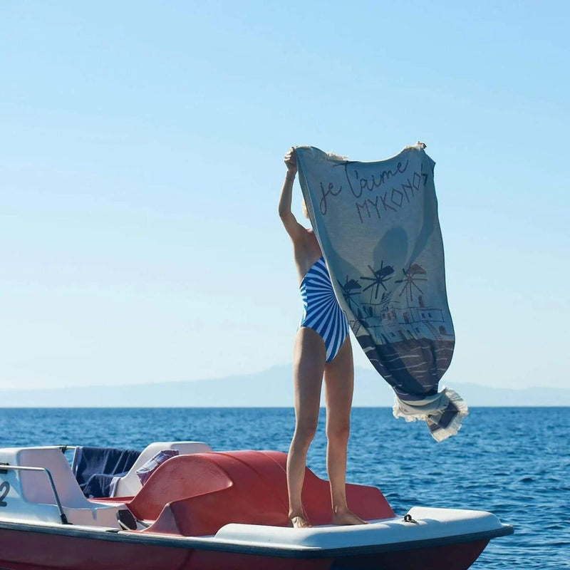Mykonos blue beach towel feather by Sun of a Beach - The Greek Art Company