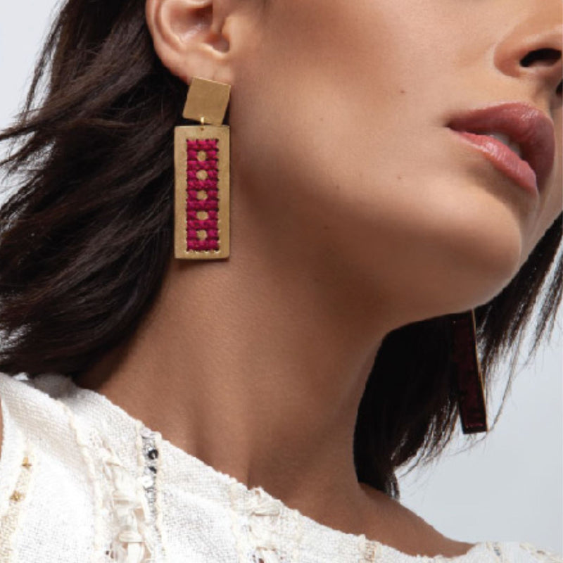 Rattan earrings magenta pink embroidered by Charalampia - The Greek Art Company