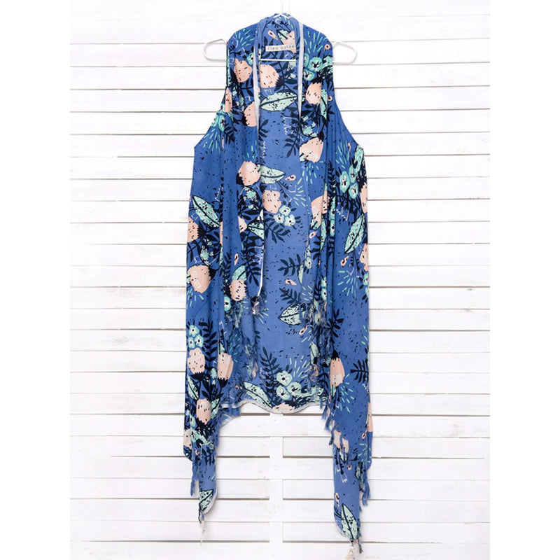 Summer Blossom Pareo Vest in Blue by Cleo Gatzeli Beachwear Resortwear - The Greek Art Company