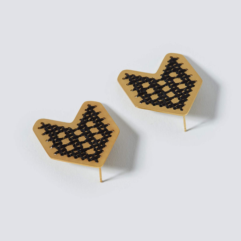 Black arrow embroidered statement earrings by Charalampia - The Greek Art Company