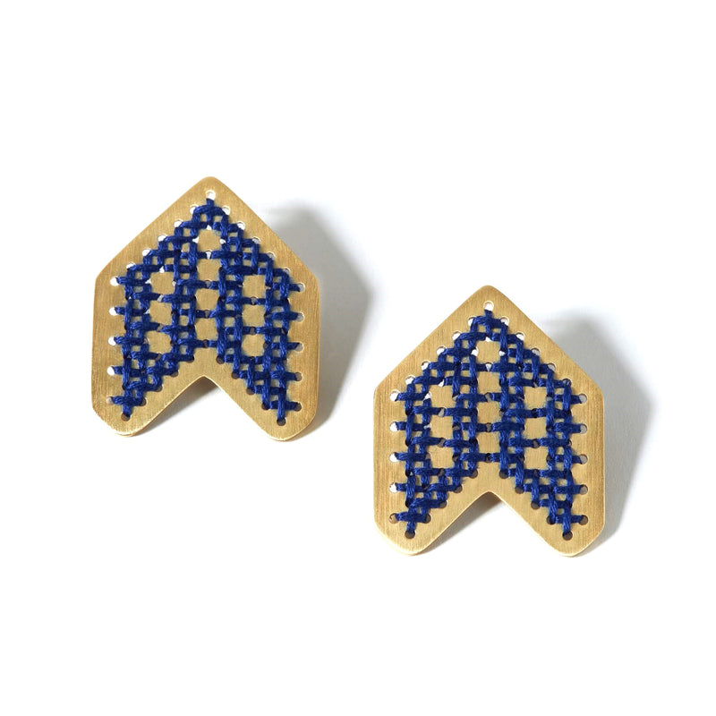 blue arrow embroidered statement earrings by Charalampia - The Greek Art Company