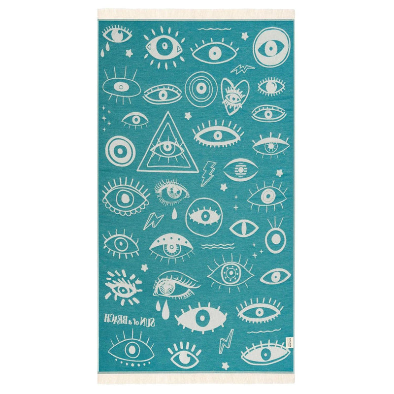 Electric eyes evil eye feather cotton beach towel turquoise