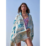 Electric eyes evil eye feather cotton beach towel turquoise