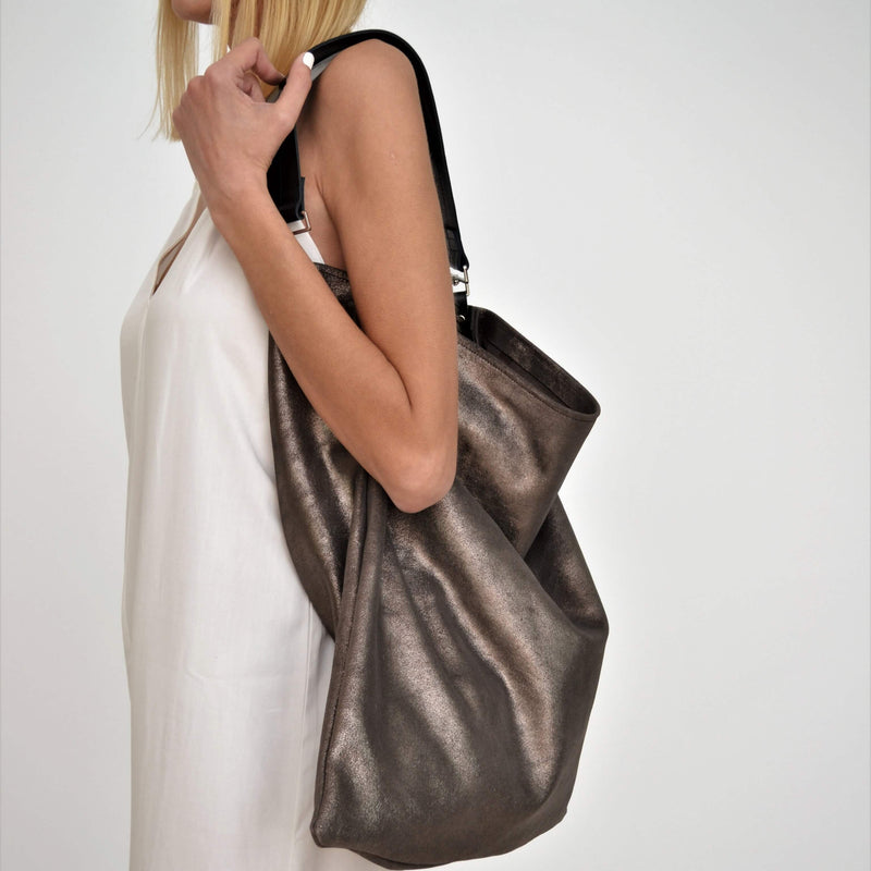 Akathi sparkling suede hobo leather bag in taupe by Ana Koutsi - The Greek Art Company