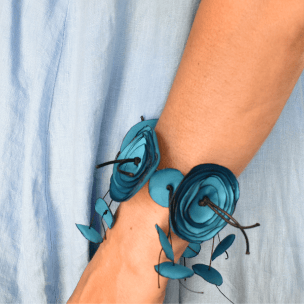 Blue roses bracelet with hanging petals made of satin by Jewels my way Dimitra Haratsi - The Greek Art Company