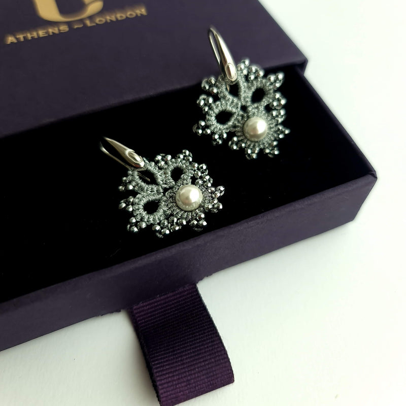 Silver lace pearl earrings by Contessina - The Greek Art Company