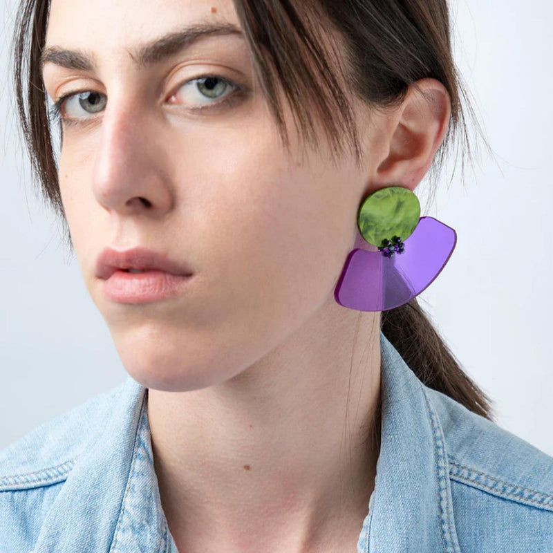 Crescent plexiglass earrings with hematite purple and green by Christina Brampti - The Greek Art Company