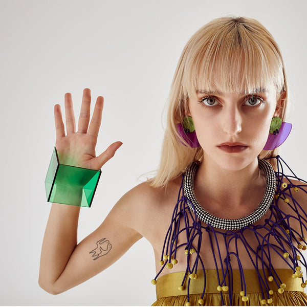 Geometric plexiglass cuff bracelet in green color by Christina Brampti - The Greek Art Company
