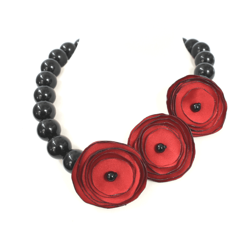 red roses satin necklace with black beads by jewels my way dimitra haratsi - The Greek Art Company