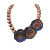Statement Necklace with brown blue roses made of satin and brown beads by Dimitra Haratsi - Jewels My Way - The Greek Art Company