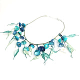 Necklace with silk cocoons with leaves in blue hues details (1)
