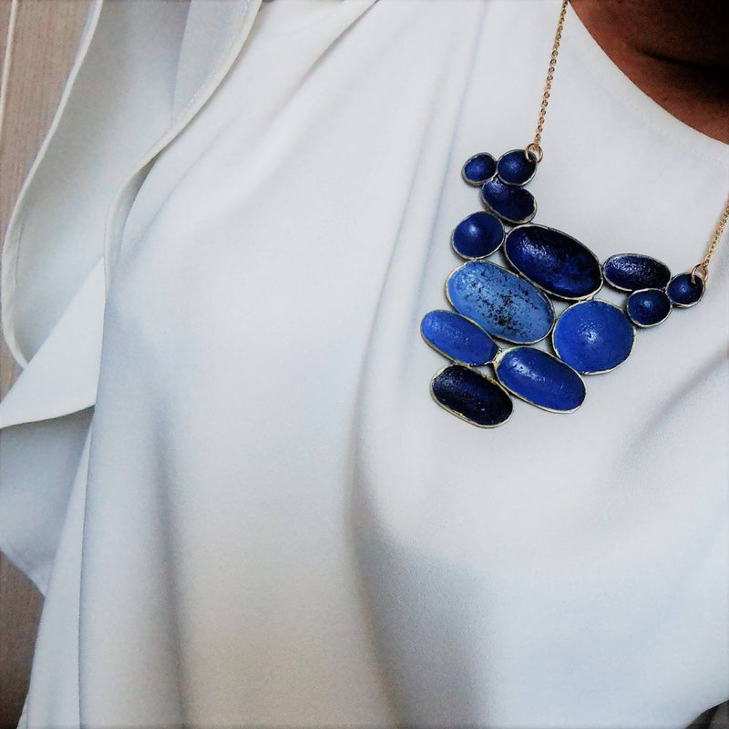 Blue short hand painted necklace by Dora Haralambaki - The Greek Art Company