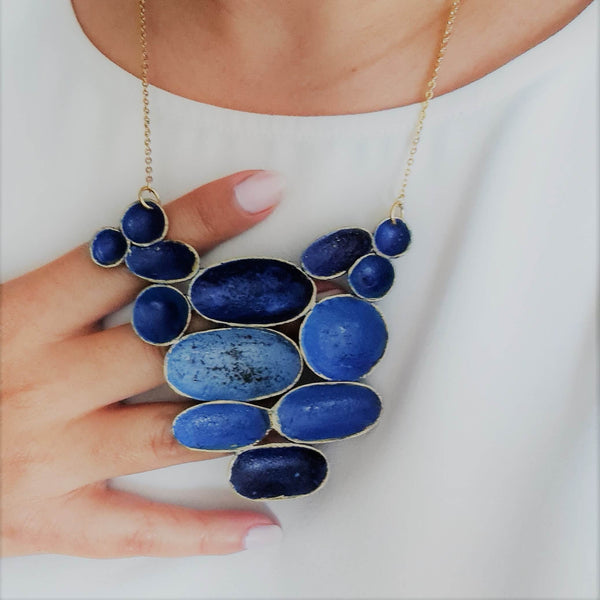 Blue short hand painted necklace by Dora Haralambaki - The Greek Art Company