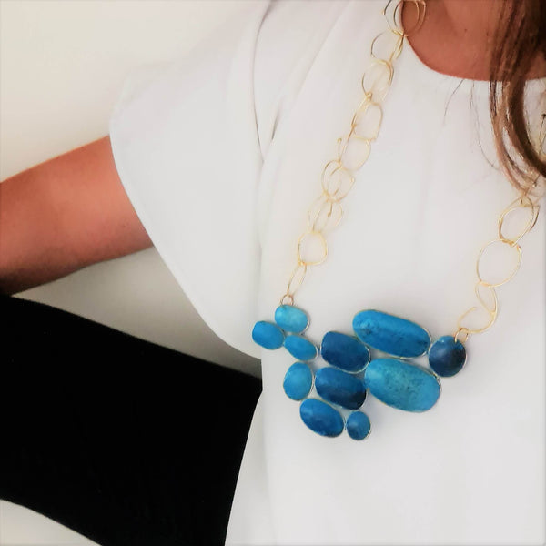 Turquoise hand painted necklace with handmade chain by Dora Haralambaki - The Greek Art Company