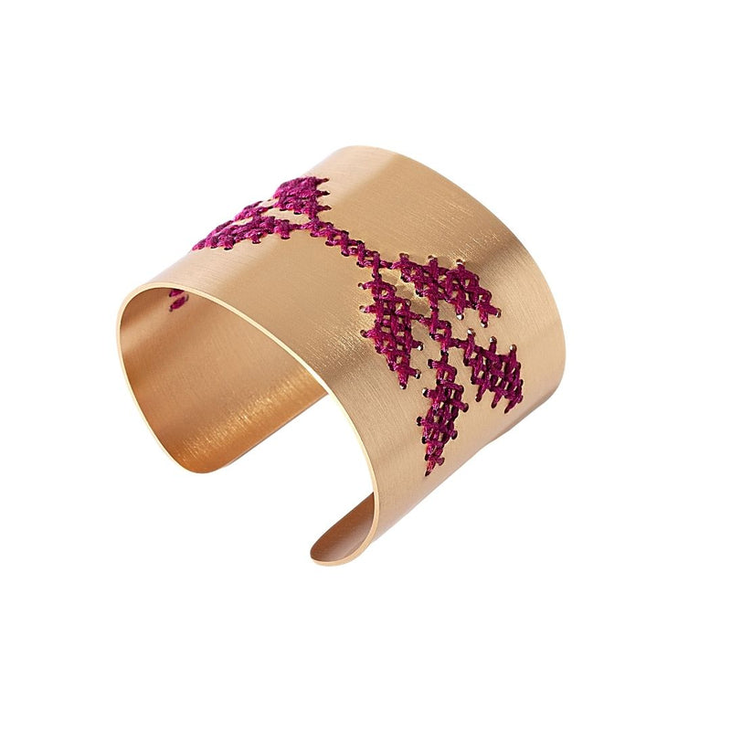 Wings Embroidered Cuff - Magenta on Gold by Charalmpia - The Greek Art Trading
