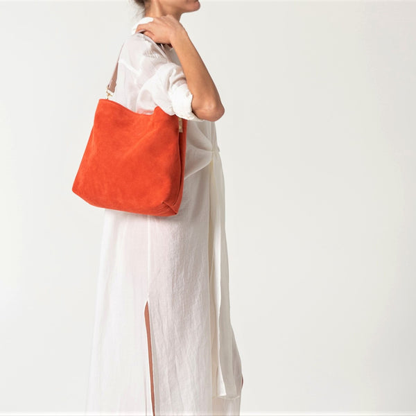 Dioni coral suede leather bag by Ana Koutsi - The Greek Art Company