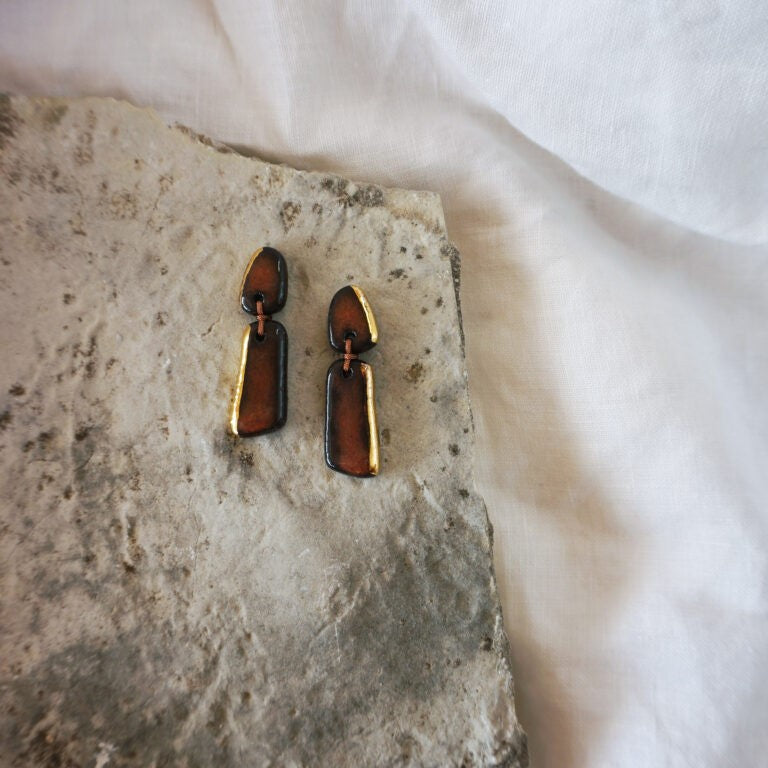 Ceramic long earrings in red brown with gold details by Nunako - The Greek Art Company