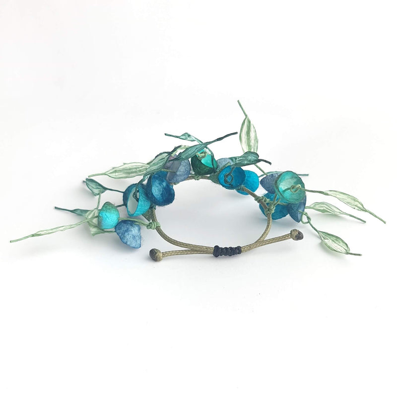 silk cocoon bracelet in turquoise with paper cord leaves by Dimitra Haratsi - Jewels My Way - The Greek Art Company