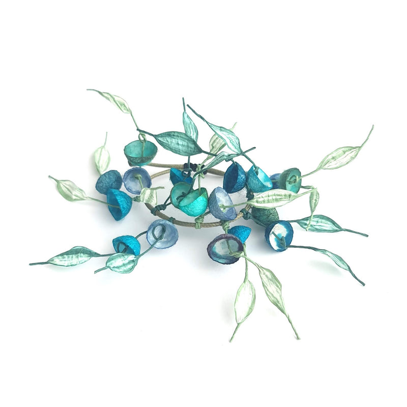 silk cocoon bracelet in turquoise with paper cord leaves by Dimitra Haratsi - Jewels My Way - The Greek Art Company